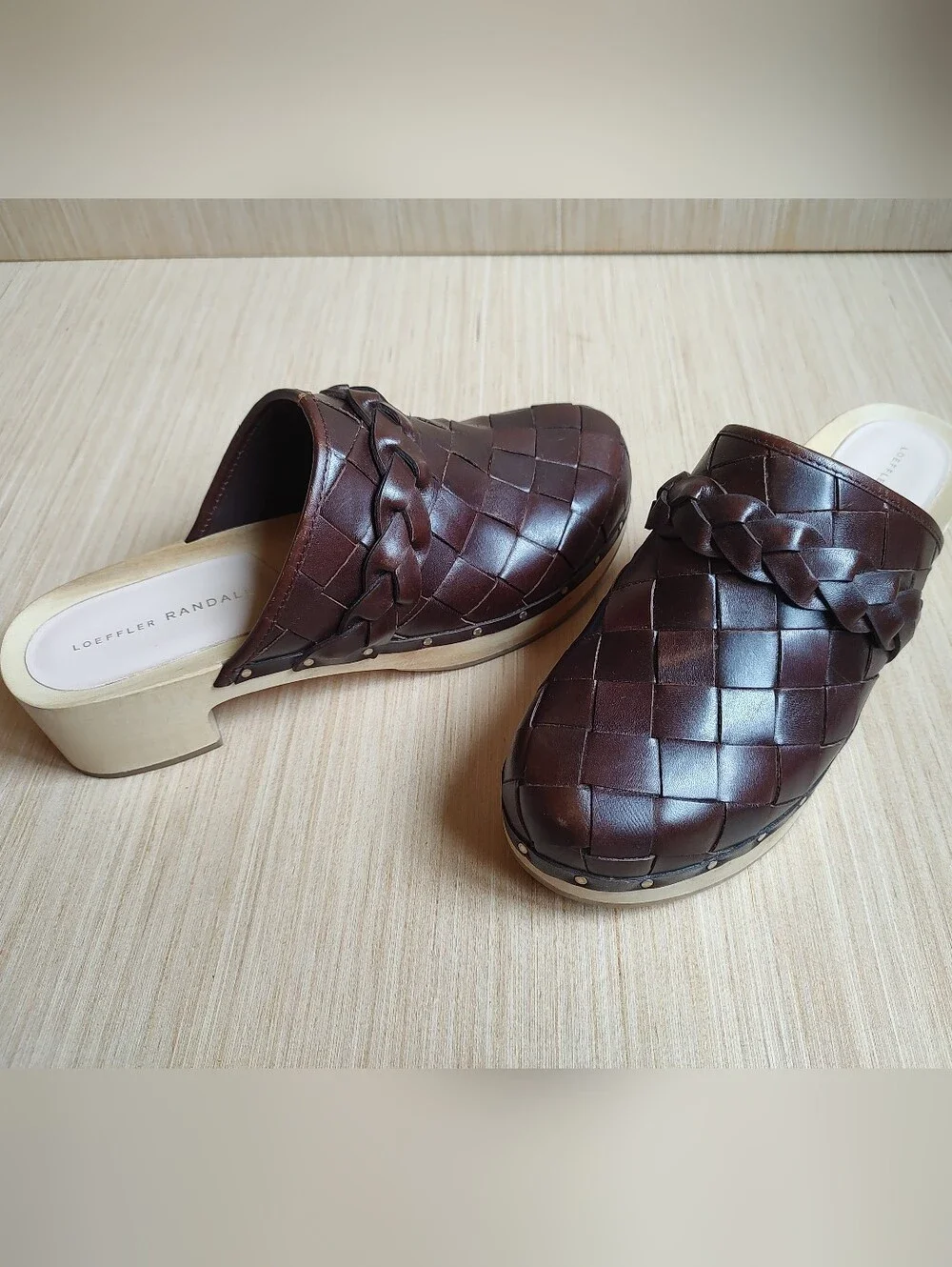 Loeffler Randall Polina Clogs Slides Mules Leather Weave Cherry Brown Sandals 8 - Picture 7 of 16